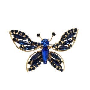Vintage Signed Weiss Trembler Butterfly Rhinestone Brooch Pin Blue Gold Tone